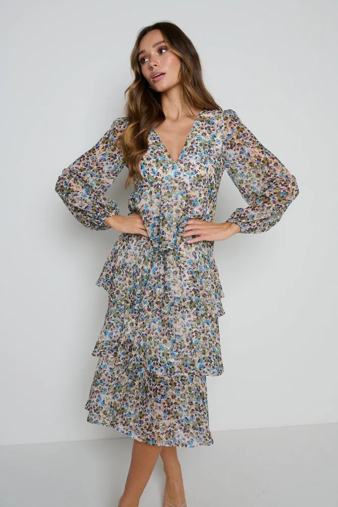 Ashton Ruffle Midi Dress (Ditsy Floral)