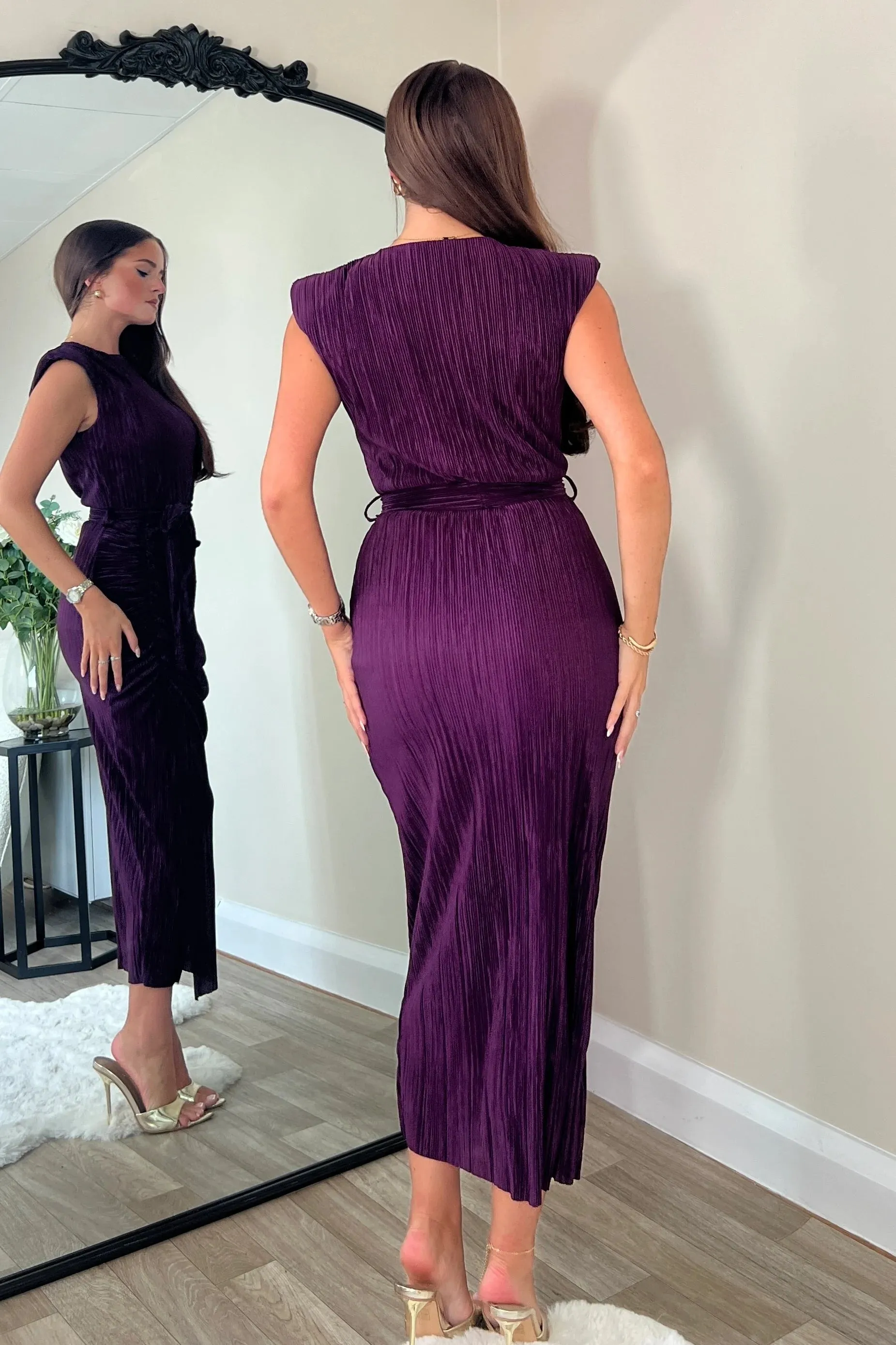 Elena Ruched Seamed Midi Dress (Purple)
