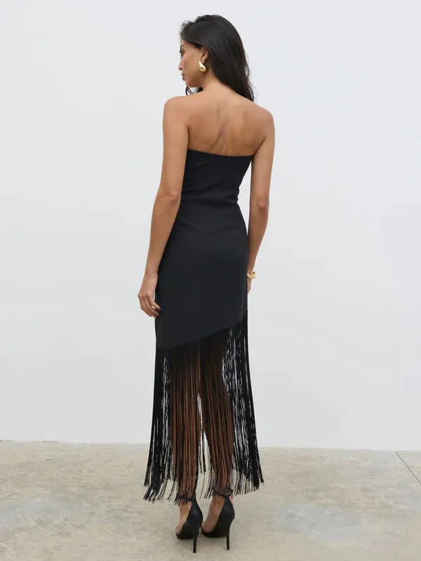 Eliana Bandeau Asymmetric Fringed Dress (Black)