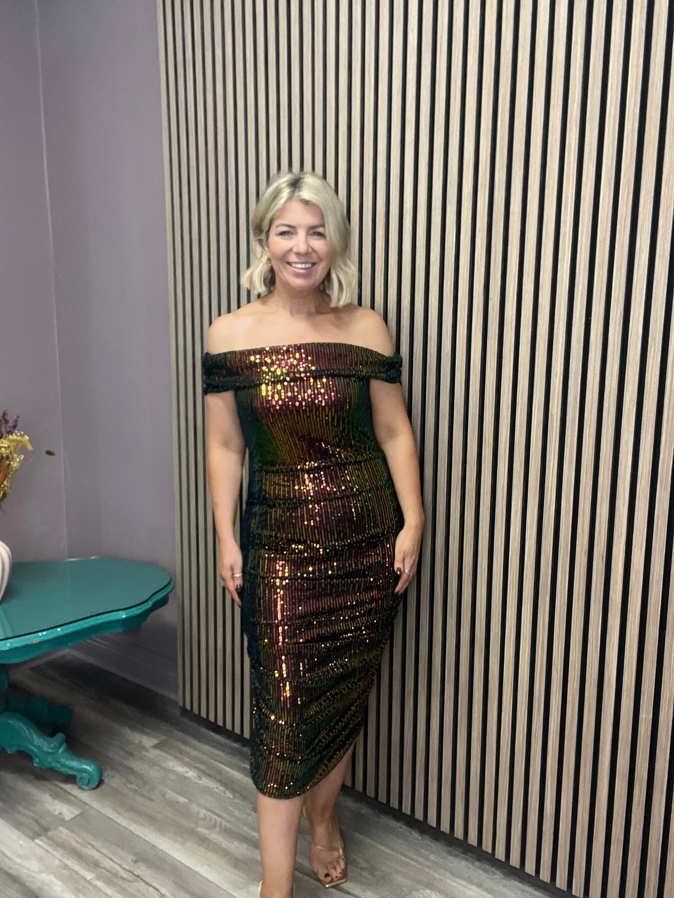 HOXTON SEQUIN BARDOT MIDI DRESS