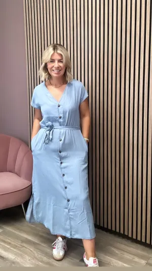 Mia V-Neck Denim Midi Dress (Light Blue)