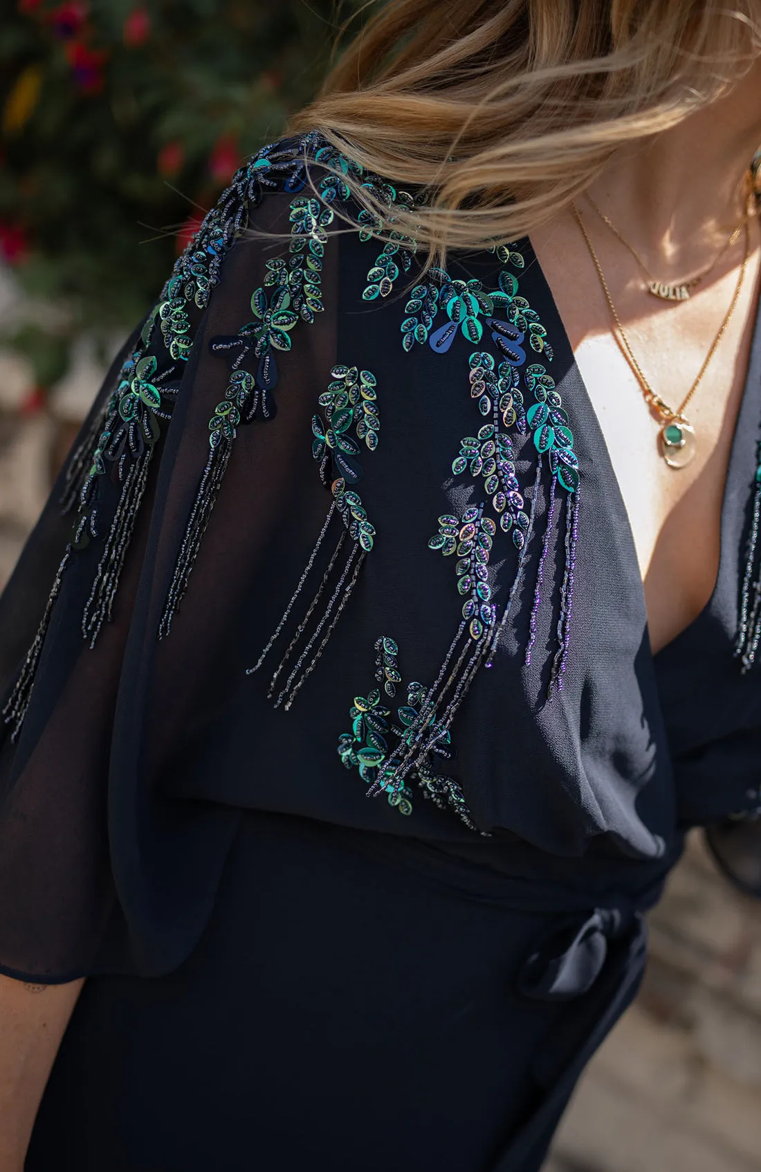 The Brittany Embellished Drape Sleeve Midi Wrap Dress (Navy)