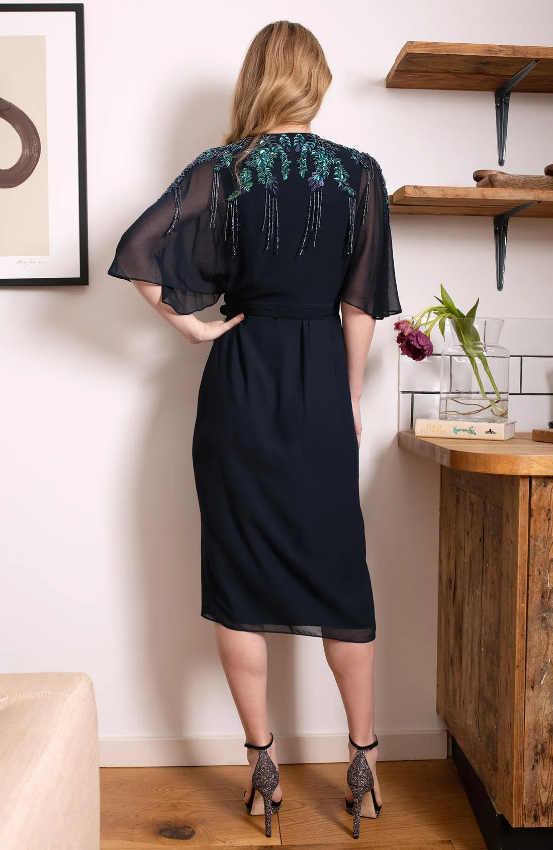 The Brittany Embellished Drape Sleeve Midi Wrap Dress (Navy)