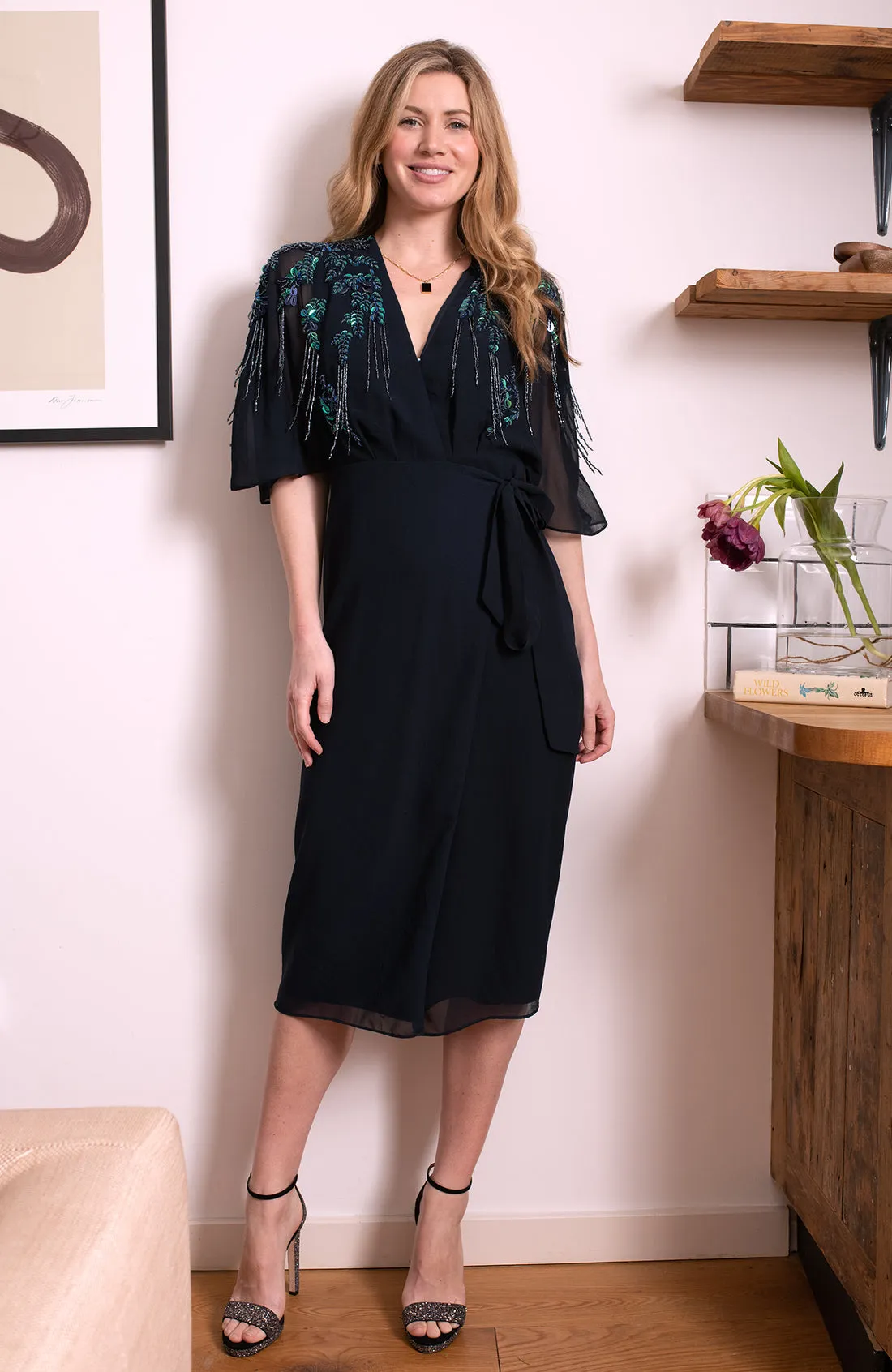 The Brittany Embellished Drape Sleeve Midi Wrap Dress (Navy)