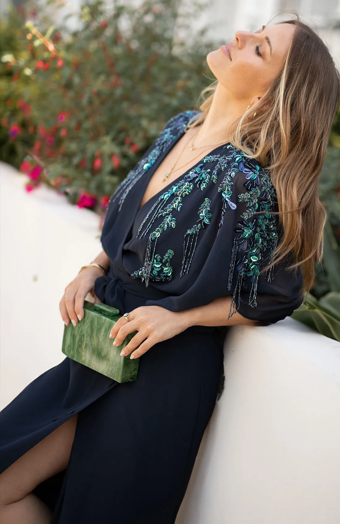 The Brittany Embellished Drape Sleeve Midi Wrap Dress (Navy)